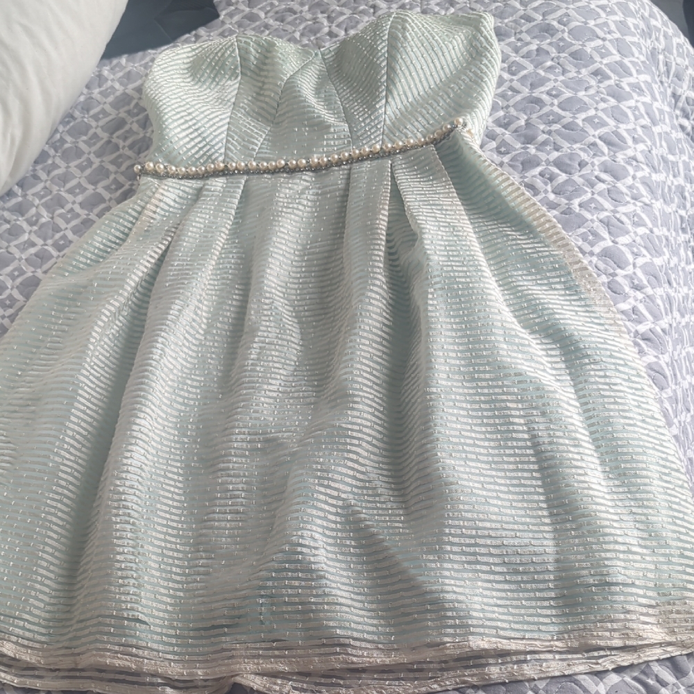 Minuet Petite Light Blue Strapless Dress with Pearl Accents